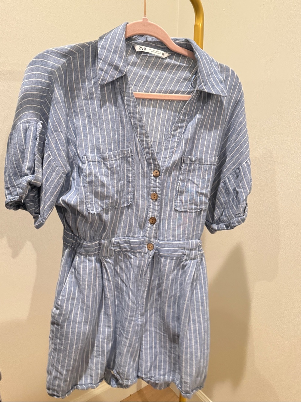 Zara Light Blue and White Striped Top